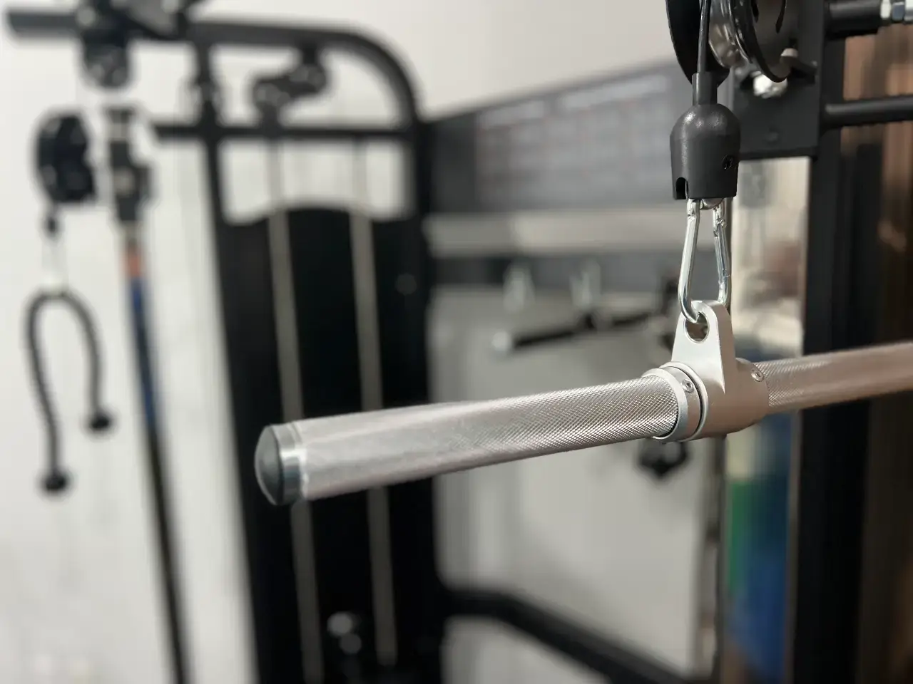 LaPlant Fitness Personal Training Studio A professional lat pull-down bar attachment on a cable machine at LaPlant Fitness private training gym in Marin, CA.