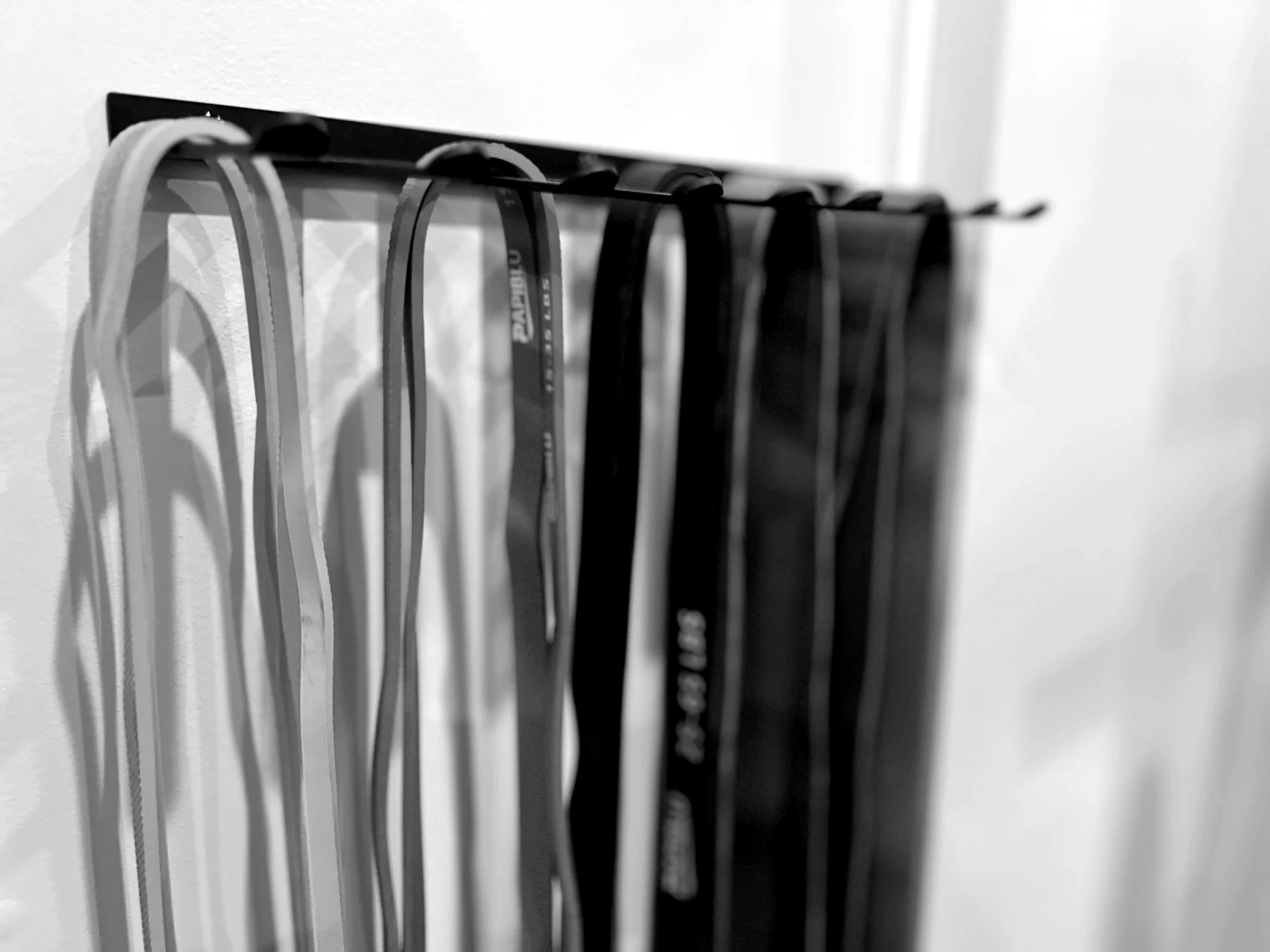 LaPlant Fitness Personal Training Studio A row of various strength-level resistance bands hanging on a wall rack at LaPlant Fitness private gym in Marin.
