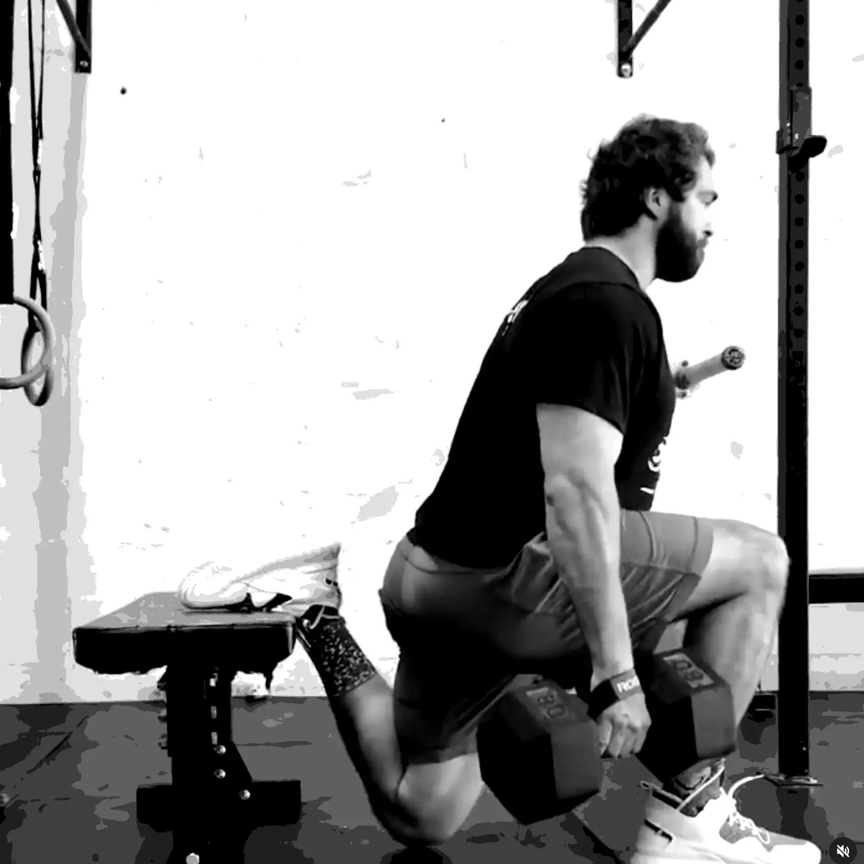 LaPlant Fitness Personal Training Studio Personal trainer Nick LaPlant performing a Bulgarian split squat with heavy dumbbells in his private Marin training facility.